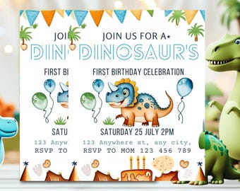 Dinosaur 1st Birthday Invitation Template, Dinosaur First Birthday, Dinosaur Birthday, Printable Birthday Invitation, 1st Birthday Boy Dino