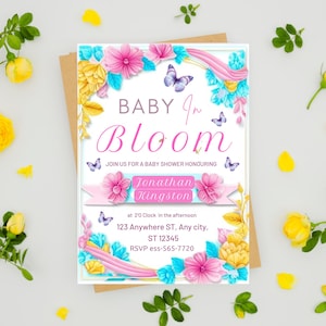 Baby in Bloom Invitation, Wildflowers Baby Shower Invitation, Purple Pink Flower Invitation, Wild Flower Invite, Floral Baby Brunch Invite