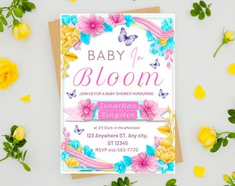 Baby in Bloom Invitation, Wildflowers Baby Shower Invitation, Purple Pink Flower Invitation, Wild Flower Invite, Floral Baby Brunch Invite