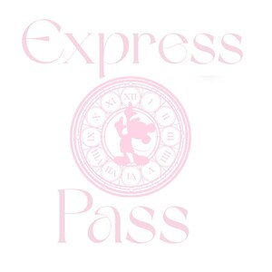 May include: A light pink graphic design featuring the text Express Pass in a serif font. Centered between the words is a circular clock face with Roman numerals and a silhouette of a mouse character pointing upward in the center of the dial.