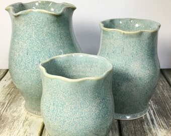 Set of  Three Aqua Green hanmade Ceramic Vases Wheel Thrown Stoneware Clay Pottery Ready to Ship
