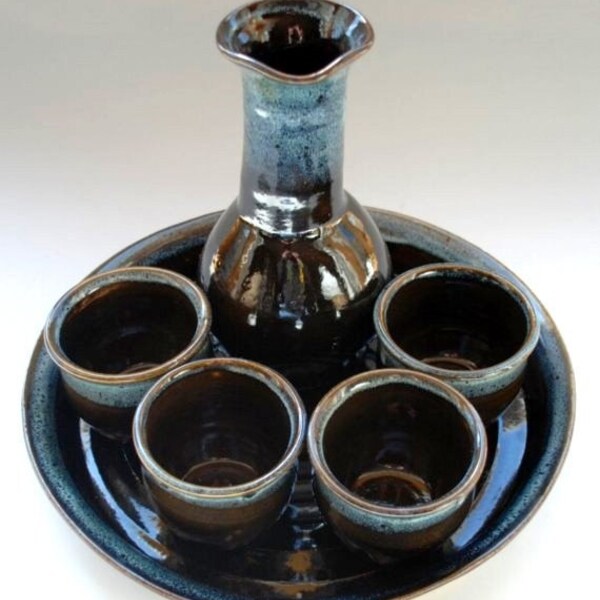 Sake Set for Four/Wheel Thrown Stoneware Pottery Free Shipping