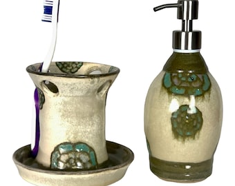 Handmade Ceramic Bathroom Set, Wheel Thrown Stoneware pottery, Ready to Ship