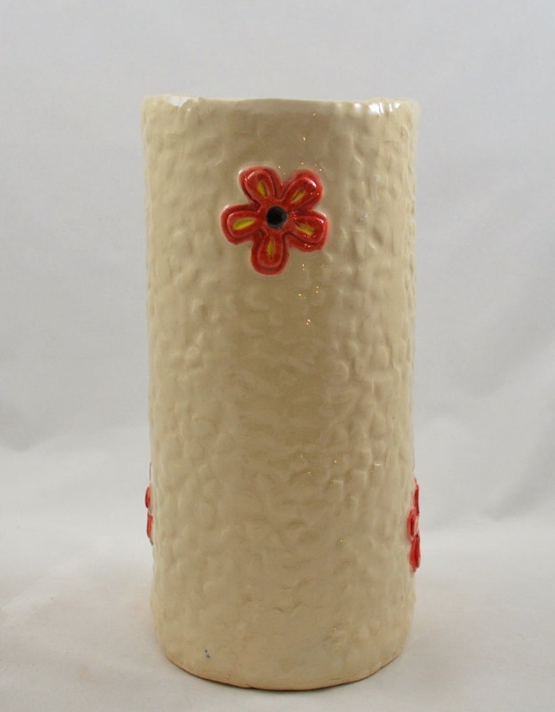 White Ceramic Vase With Red and Yellow Flowerstextured Stoneware