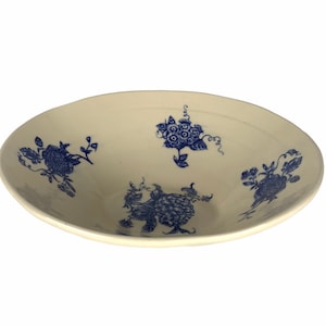 Large White and Cobalt Blue Floral Ceramic Bowl, Vintage Look, Fruit Bowl, Salad Bowl, Pasta Bowl Wheel Thrown Clay Pottery Ready to Ship