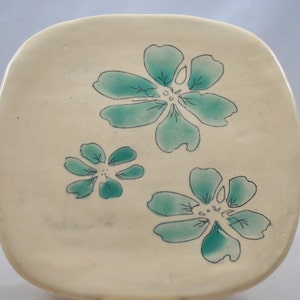Decorative Ceramic Plate with Hand Painted Aqua Green Flowers Stoneware Clay Pottery On Sale