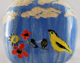 Ceramic Wall Pocket Wall Hanging with Clouds, Flowers and Finch Stoneware Clay Pottery