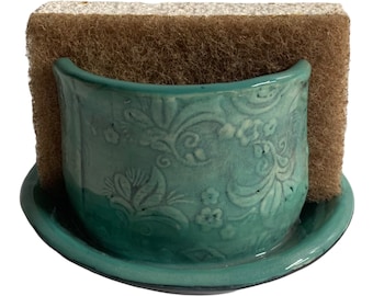 Handmade,Wheel Thrown Aqua Green Ceramic Sponge Holder Stoneware Clay Pottery Ready to Ship