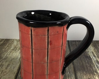 Handmade Red and Black Stoneware Mug, Rustic Farmhouse Cabin Decor