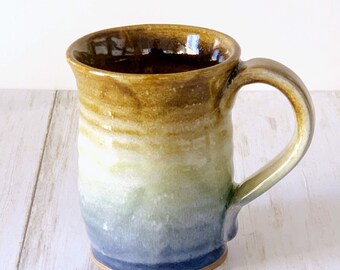 Wheel Thrown Brown, Yellow and Blue Ombre Glazed Ceramic Mug | Stoneware Clay Pottery Ready to Ship