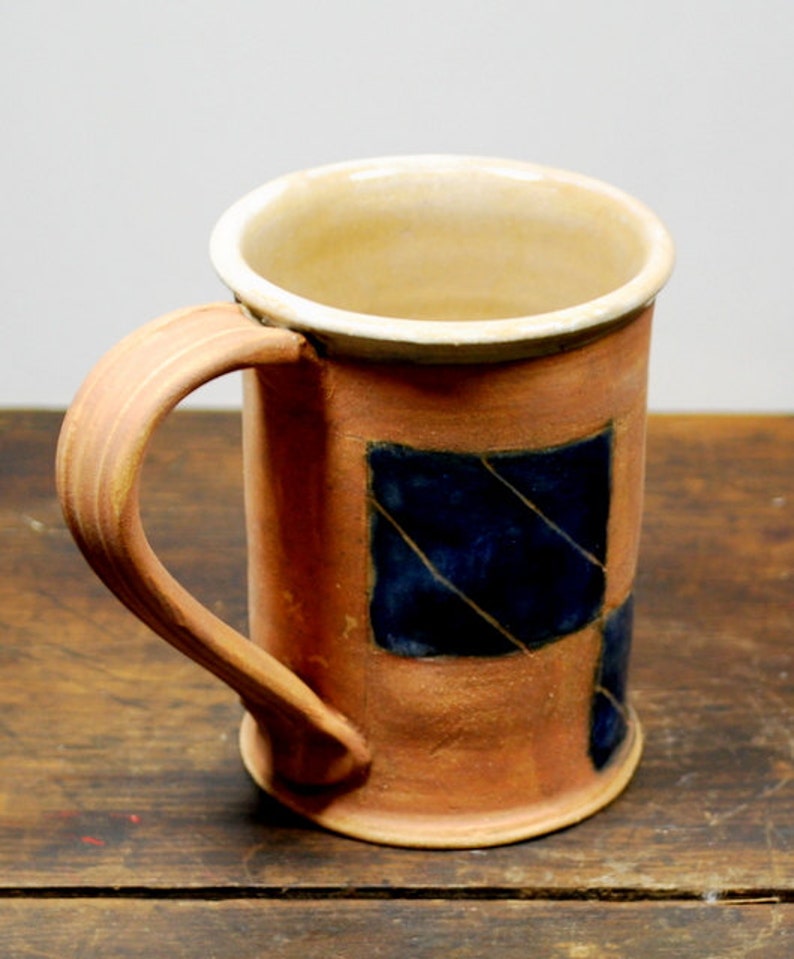 Ceramic Rustic Naked Clay Mug With Square Cobalt Blue Design Etsy