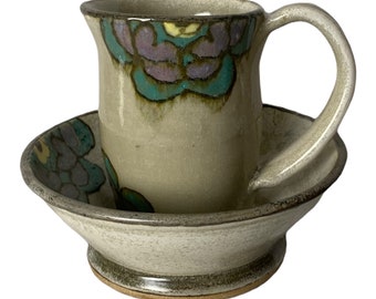 Handmade Ceramic Tea or Coffee Set, Colorful Flower Design, Ready to Ship