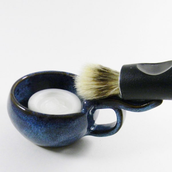 Shave Mug Gift Set for Him Wheel Thrown Stoneware Pottery Cobalt Blue On Sale