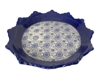 Cobalt Blue and White Handmade Ceramic Floral Bowl, Serving or Table Decor