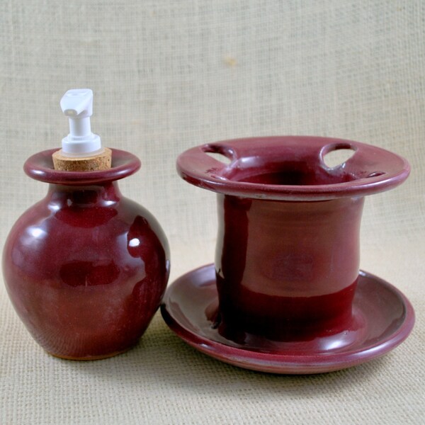 Burgundy Soap Dispenser and Toothbrush Holder