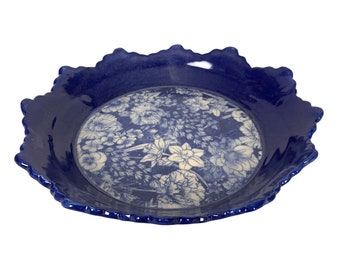 Cobalt Blue and White Handmade Ceramic Floral Bowl, Serving or Table Decor