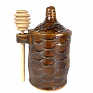 Handmade Ceramic Honey Pot Set-Honey Jar with Dipper-Stoneware Clay Pottery
