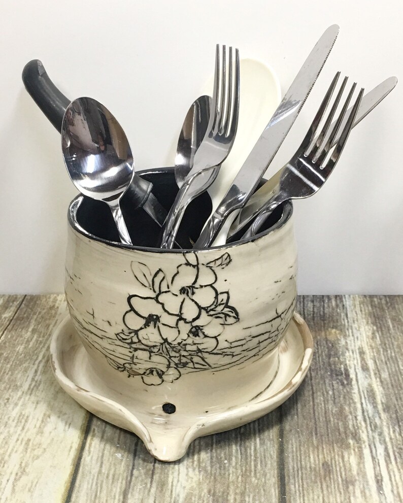 Handmade Ceramic Kitchen Utensil Drainer Caddy Rustic Pottery Distressed Ready To Ship