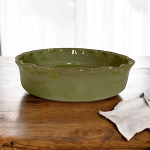 May include: A green ceramic pie dish with a scalloped rim. The dish is on a wooden surface.