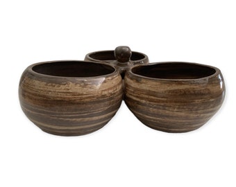 Three Bowl Condiment Server, Rustic, Ancient Look and Aged Inspired Wheel Thrown Stoneware Pottery Ready to Ship