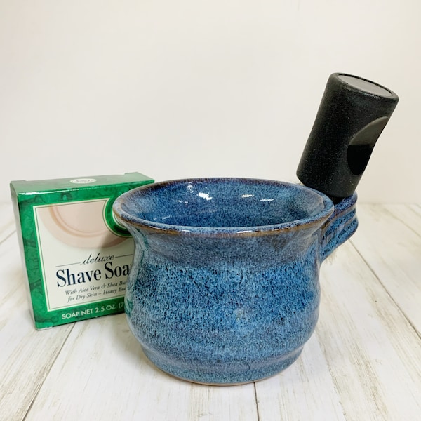Shave Mug Gift Set for Him Wheel Thrown Stoneware Pottery Cobalt Blue On Sale