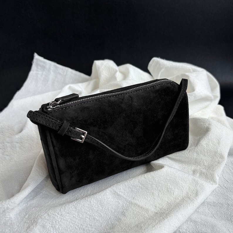90s Leather Pouch, 90s Bag, Women's Small Top Handle Bags, Mini Tote Bags Black Suede