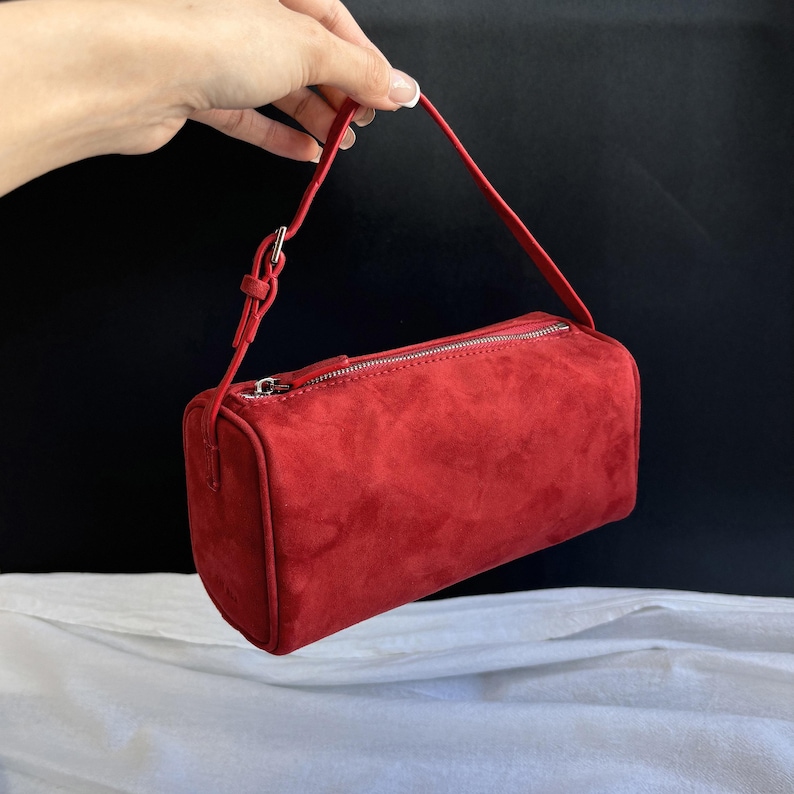 90s Leather Pouch, 90s Bag, Women's Small Top Handle Bags, Mini Tote Bags Red Suede