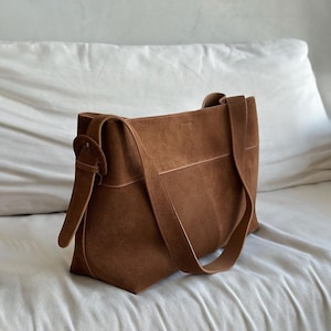 Suede Tote Bag, Minimal Design Suede Shoulder Bags, Brown Tote Bag