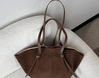 Genuine Suede Tote Bag, Suede Leather Shoulder Bags, Women&#39;s Large Tote Bag