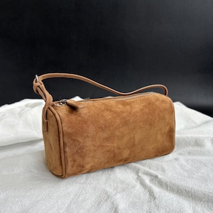 90s Leather Pouch, 90s Bag, Women's Small Top Handle Bags, Mini Tote Bags Camel Suede