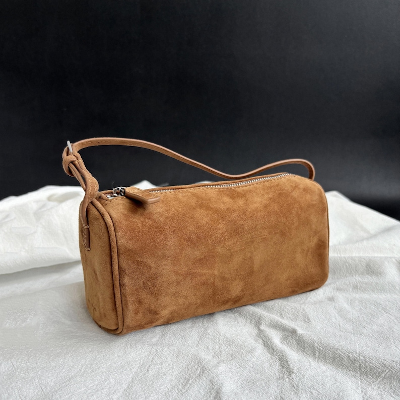 90s Leather Pouch, 90s Bag, Women's Small Top Handle Bags, Mini Tote Bags Camel Suede