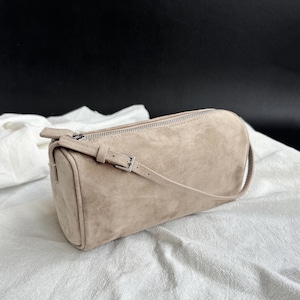 90s Leather Pouch, 90s Bag, Women's Small Top Handle Bags, Mini Tote Bags Beige Suede