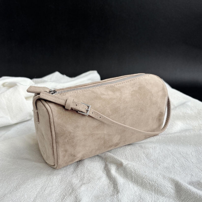 90s Leather Pouch, 90s Bag, Women's Small Top Handle Bags, Mini Tote Bags Beige Suede