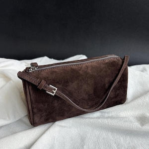 90s Leather Pouch, 90s Bag, Women's Small Top Handle Bags, Mini Tote Bags Chocolate Suede