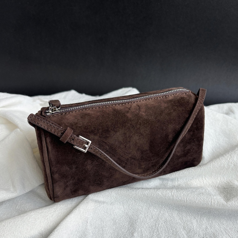 90s Leather Pouch, 90s Bag, Women's Small Top Handle Bags, Mini Tote Bags Chocolate Suede