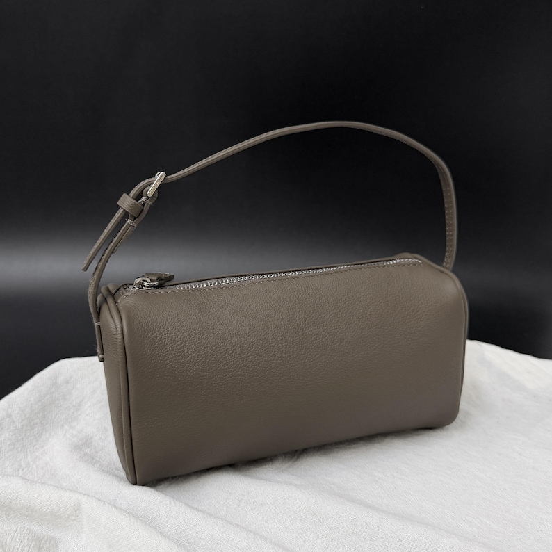 90s Leather Pouch, 90s Bag, Women's Small Top Handle Bags, Mini Tote Bags Taupe Pebbled