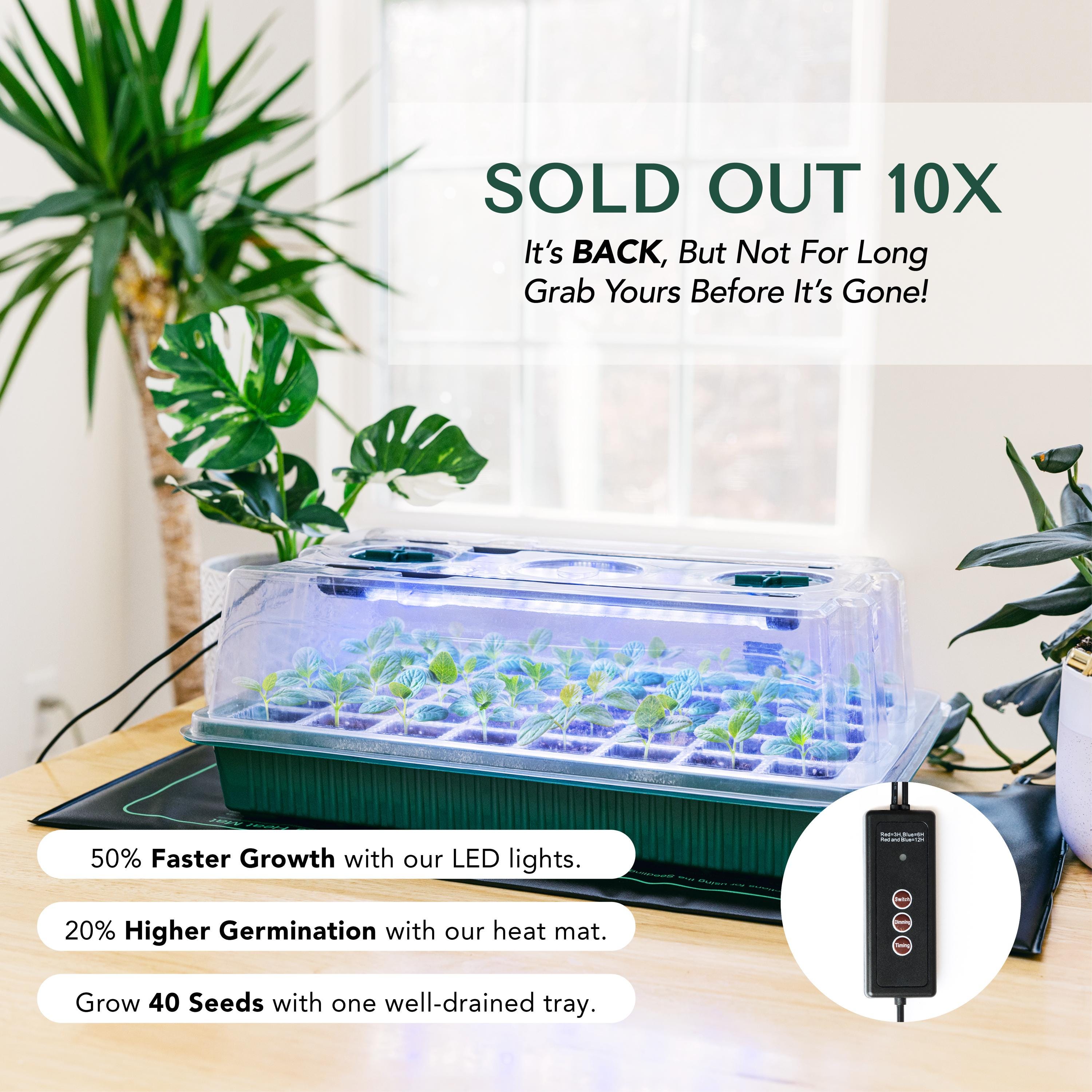 View of Upgraded Seed Starter Tray With Grow Lights and Heat Mat, 3-in-1 Soil ...