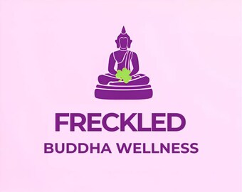 May include: A purple logo with a seated Buddha holding a green flower, above the words "FRECKLED" and "BUDDHA WELLNESS" in purple. The background is a pale pink.