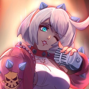 May include: Digital illustration of a character with white hair and teal eyes, winking while holding a microphone. The character wears a pink jacket with silver spikes and a skull emblem, and a matching leg warmer with the text "Blast Beat".