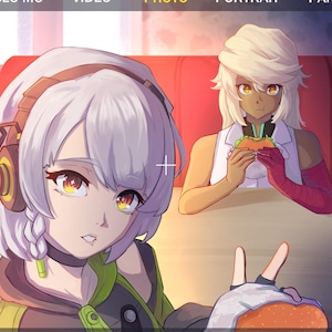 May include: Anime-style illustration of two characters, one holding a burger and making a peace sign. The other character is also holding a burger. The image has a phone camera overlay with the word "PHOTO" highlighted.