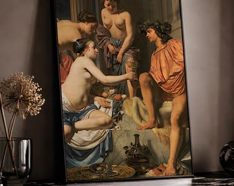 Bacchus op een troon | Renaissance schilderij poster | Nimfen en wijn | Decor van museumkwaliteit