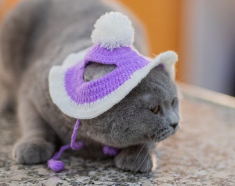 Purple and White Cute Cat Hat - Knitted Cat Clothess - Handmade Colorful Cat Accessory - Hats for Cat - Handmade Cat Hat