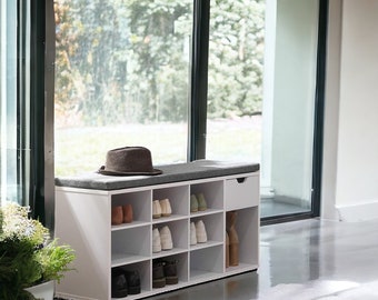 Shoe Storage Bench Hallway Bench with Cushion, Drawer and Open Compartments. Shoe Bench with Seat for Living Room, Bedroom