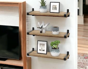 Floating Shelves Wooden Wall-mounted Shelf Storage with Black Metal Hanging Shelf Rustic Farmhouse Display for Bedroom and Living Room