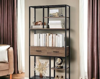 Bookshelf Industrial 5 Tier Bookcase with Metal Frame and Drawers; Wooden Bookcase Storage Cabinet for Home and Office
