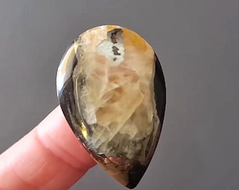 Seltener hochwertiger Simbirzit-Ammonit mit silbernem Pyrit-Naturstein-Cabochon 36 x 23 x 5 mm, Cabochon für Schmuck, russischer Stein
