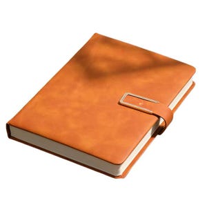 Könnte beinhalten: Ein braunes, ledergebundenes Tagebuch mit einem goldenen Metallverschluss und einem Riemenverschluss. Das Tagebuch ist geschlossen und liegt flach auf einem weißen Hintergrund.