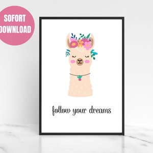 Decoración de pared alpaca habitación infantil salón | Póster de pared alpaca | Tamaño A4 y A3 | Descarga instantánea | Niñas Niños |