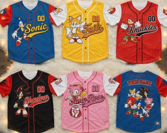 Sonic Baseball Jersey für Kinder, Sega Gaming Outfit Geschenk für Jungen Mädchen, Geburtstagsgeschenk Y2K Jersey, Sonic Tails Knuckles Shadow Amy Jersey