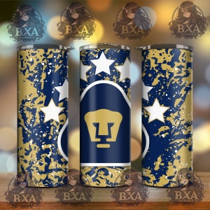 May include: A blue and gold tumbler with a white star pattern and a puma logo. The tumbler is designed with a splatter paint effect.
